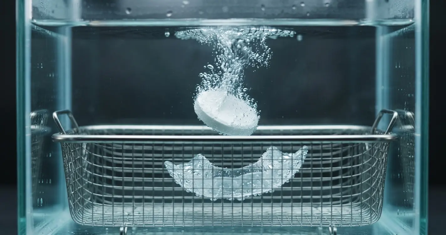 Cleaning tablet in an ultrasonic cleaner Cleaning tablet in an ultrasonic cleaner