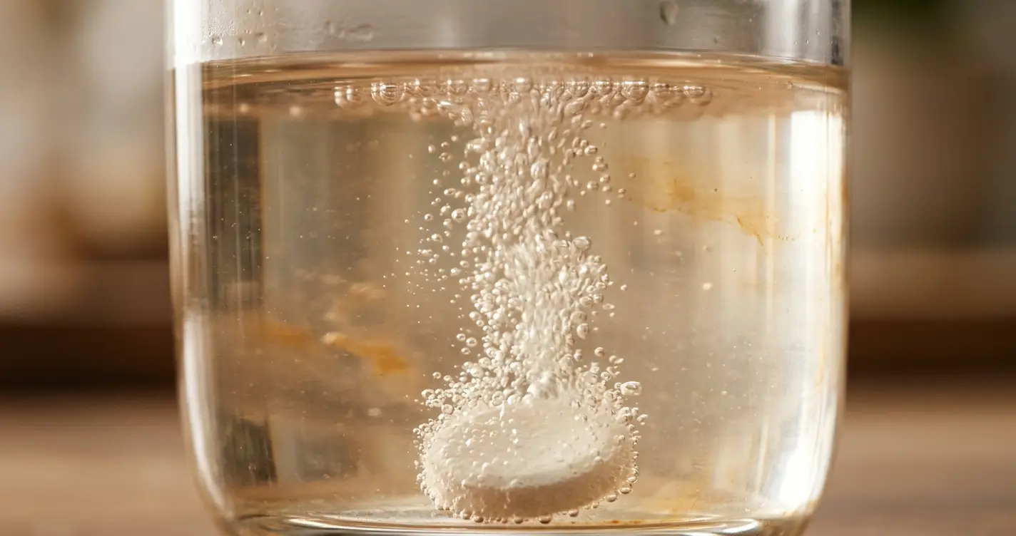 Produces bubbles upon contact with water.