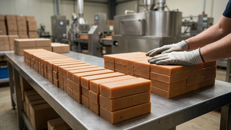 Stacked persimmon soap bars on factory workbench Stacked persimmon soap bars on factory workbench