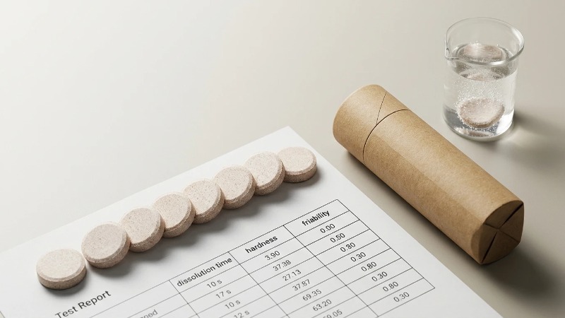 Effervescent tablets beside test report and dissolution beaker