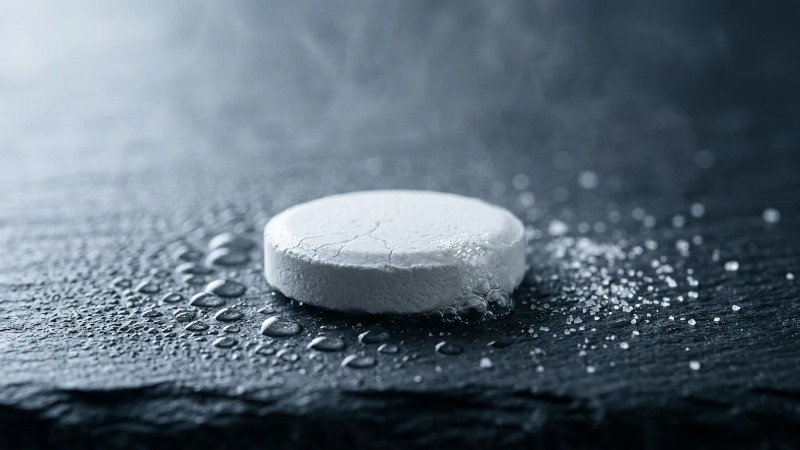 Moisture-softened effervescent tablet on dark slate