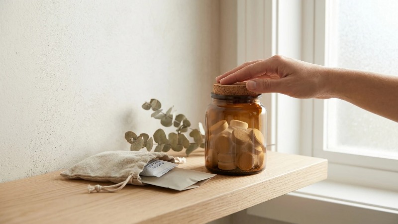 Sealed amber jar of cleaning tablets on oak shelf Sealed amber jar of cleaning tablets on oak shelf