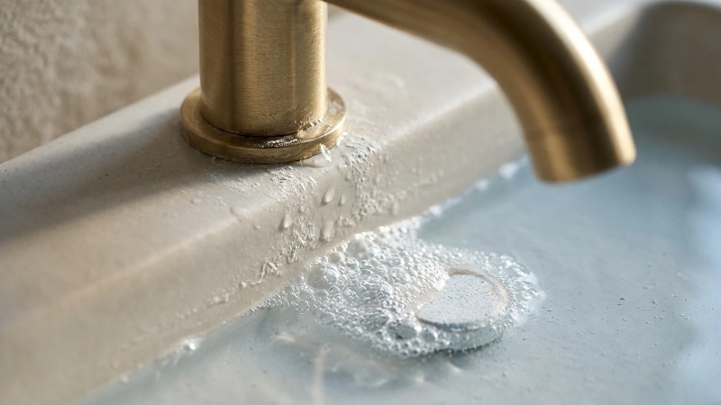 Tablet fizzing beside limescale on a ceramic basin