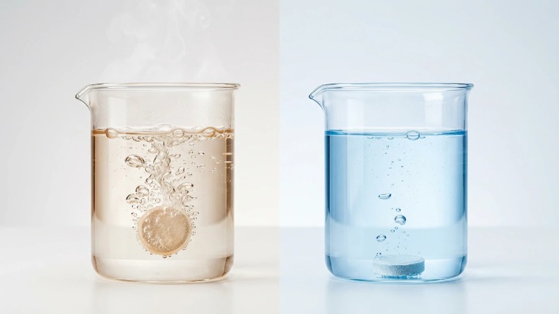 Tablet dissolving in warm vs cold water beakers