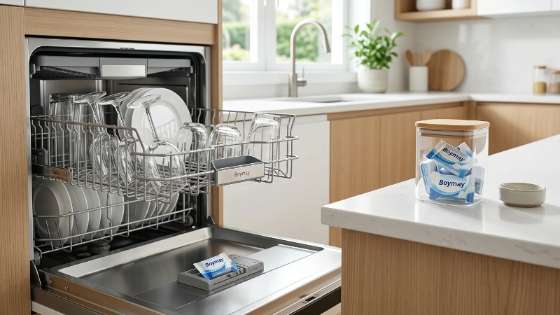 Dishwasher tablet in dispenser of open dishwasher Dishwasher tablet in dispenser of open dishwasher