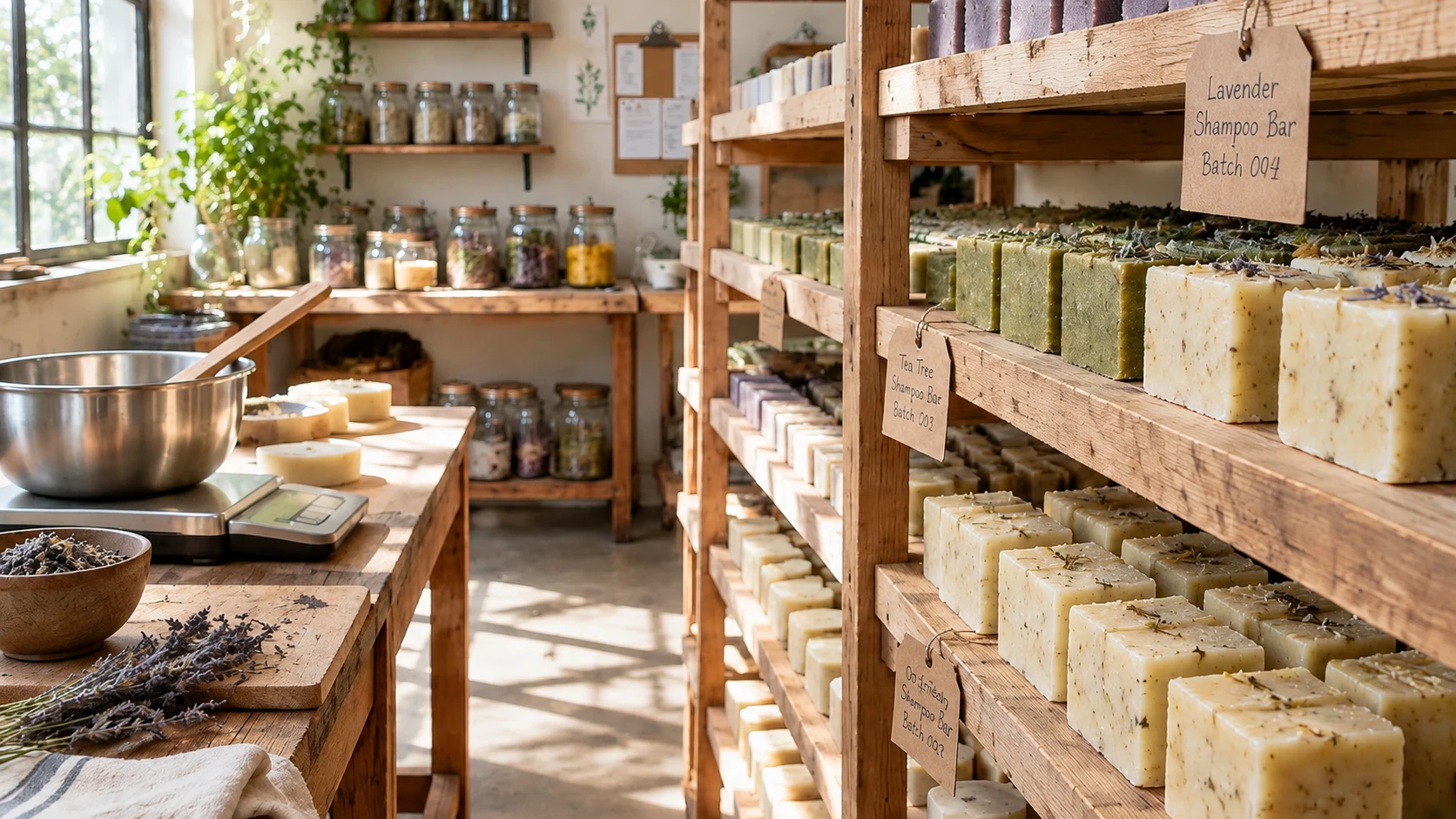 Shampoo bars curing on wooden racks in workshop Shampoo bars curing on wooden racks in workshop