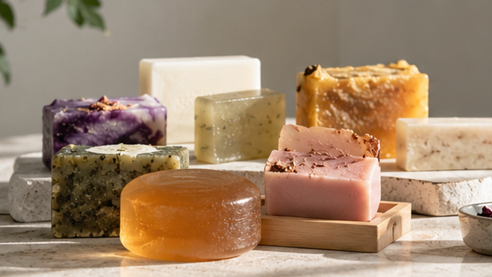 Assorted handmade, glycerin, and botanical bar soaps representing different private label soap product types. Assorted handmade, glycerin, and botanical bar soaps representing different private label soap product types.