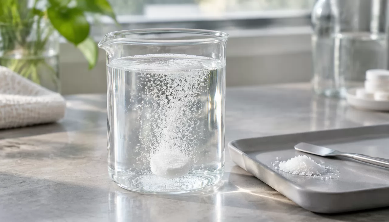 product-1280-731 Brausetablette löst sich sprudelnd in einem Becherglas auf
