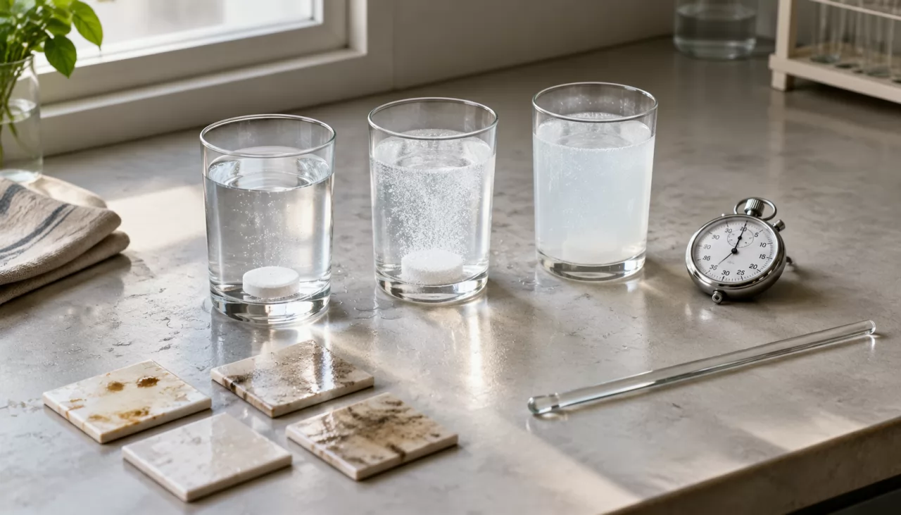 product-1280-731 Three glasses with dissolving tablets and stained tiles on a lab bench